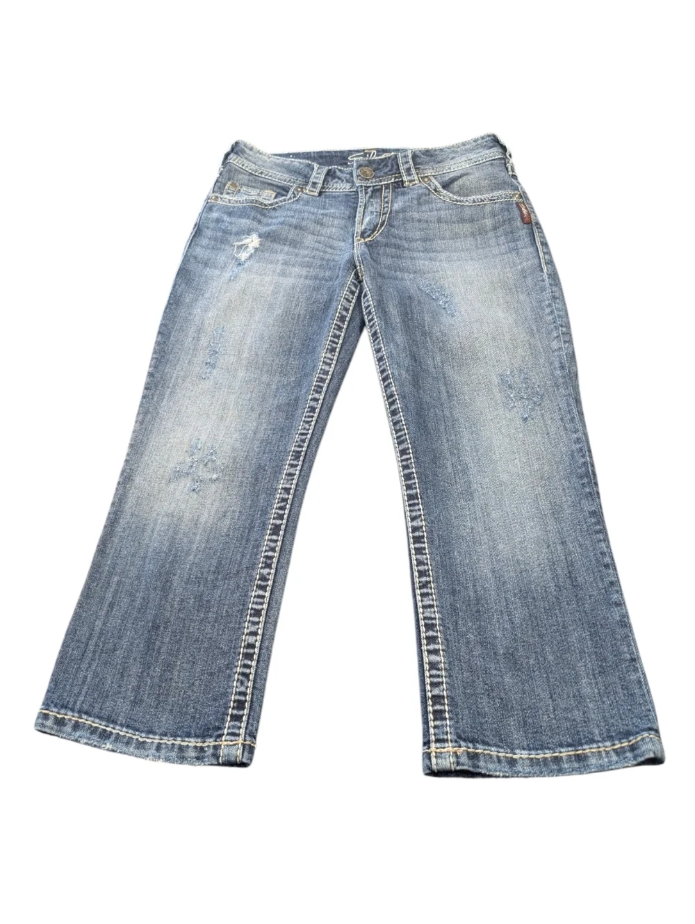 Vintage Y2K Silver Jeans Suki Surplus Capri Distressed Cotton Jeans. Size 28
